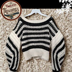 ZARA LIMITED EDITION Striped OPENWORK KNIT Boho Sweater BLACK & WHITE Size L
